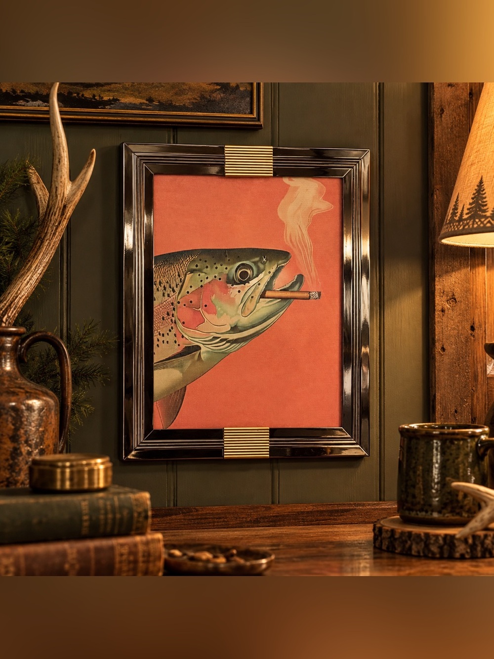 Trout Fish Smoking a Cigarette Vintage Style Canvas Wall Art Print Mirror Framed
